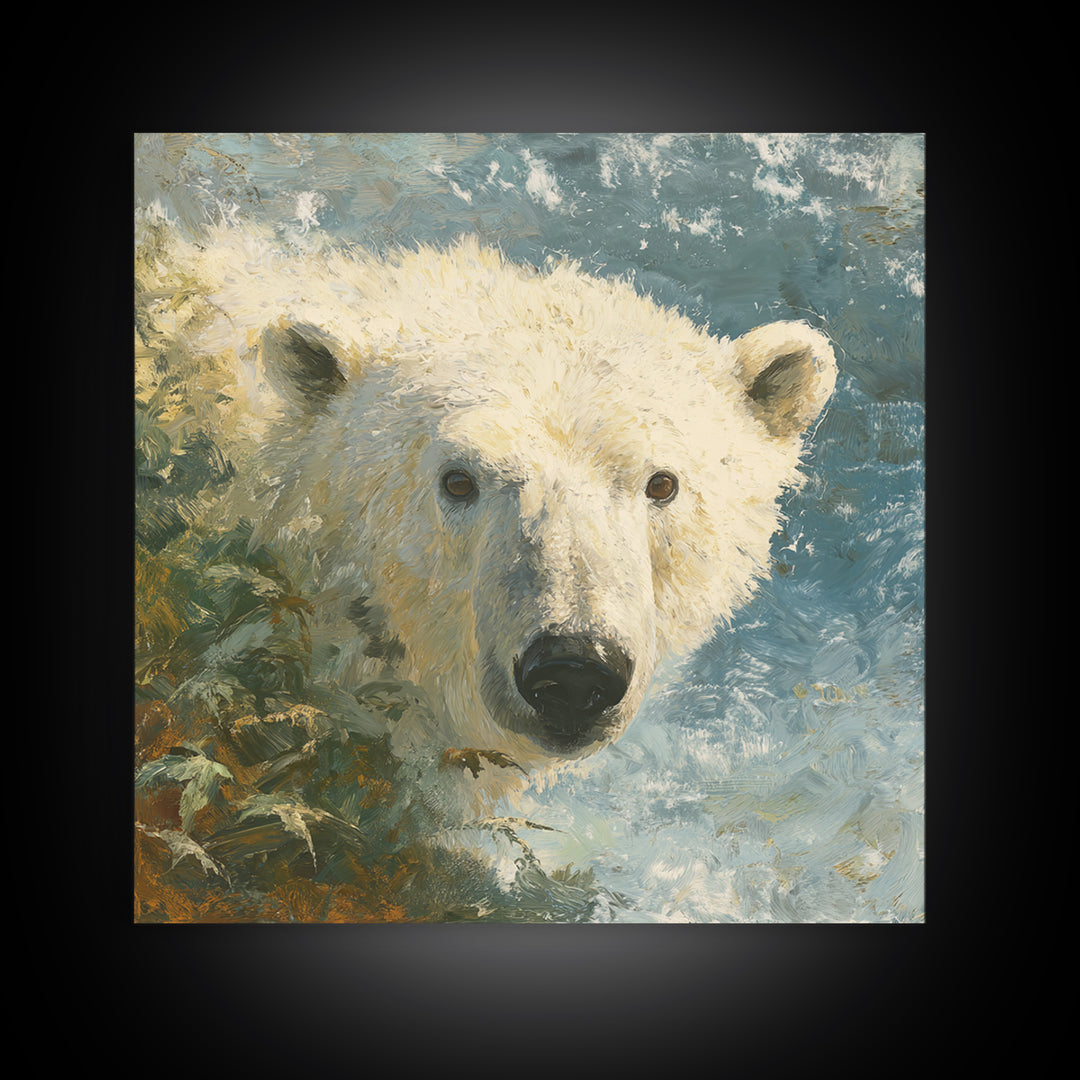 Polar Bear Crossing Blue Ice Canvas Print, Wildlife Art, Modern Wall Art, Living Room Decor, Oil Painting, Wild, Bird Wall Art, WIL-1x1-15