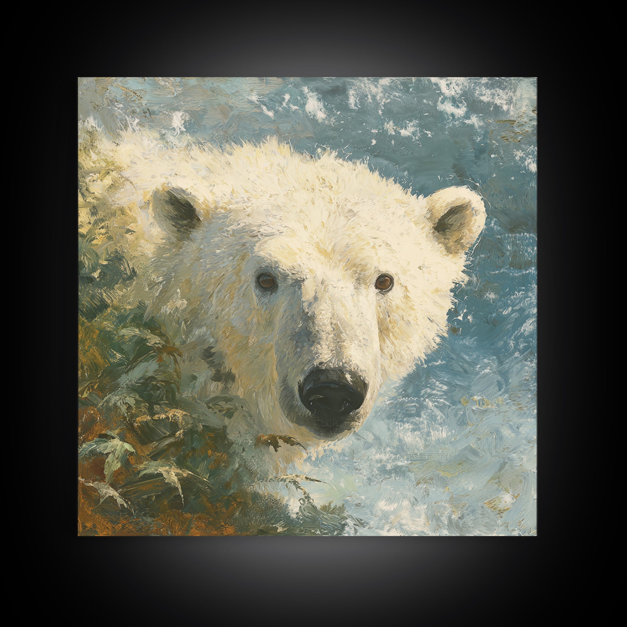 Polar Bear Crossing Blue Ice Canvas Print, Wildlife Art, Modern Wall Art, Living Room Decor, Oil Painting, Wild, Bird Wall Art, WIL-1x1-15