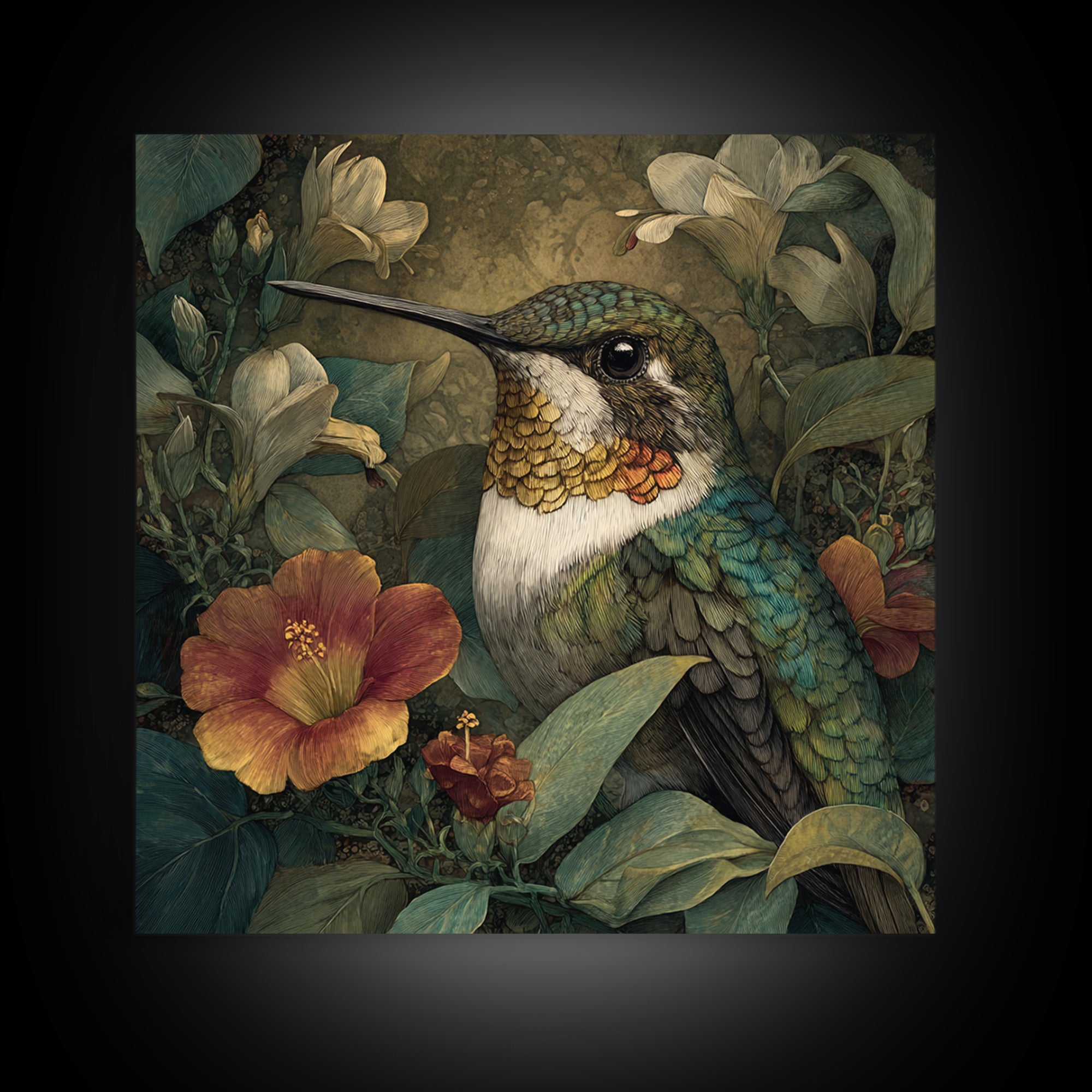 Hummingbird Beside Bright Flowers Framed Canvas Print, Wildlife Art, Canvas Print, Living Room Decor, Fine Art, Wild, WIL-1x1-16