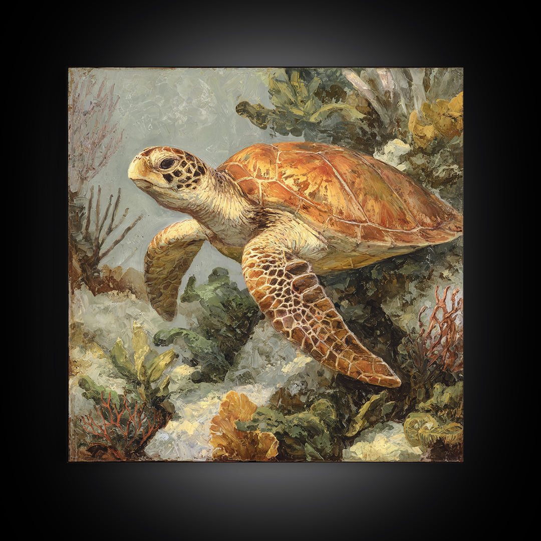 Sea Turtle over Coral Reef Canvas Print, Wildlife Art, Living Room Wall Art, Living Room Decor, Wild, Unique Home Decor, WIL-1x1-18