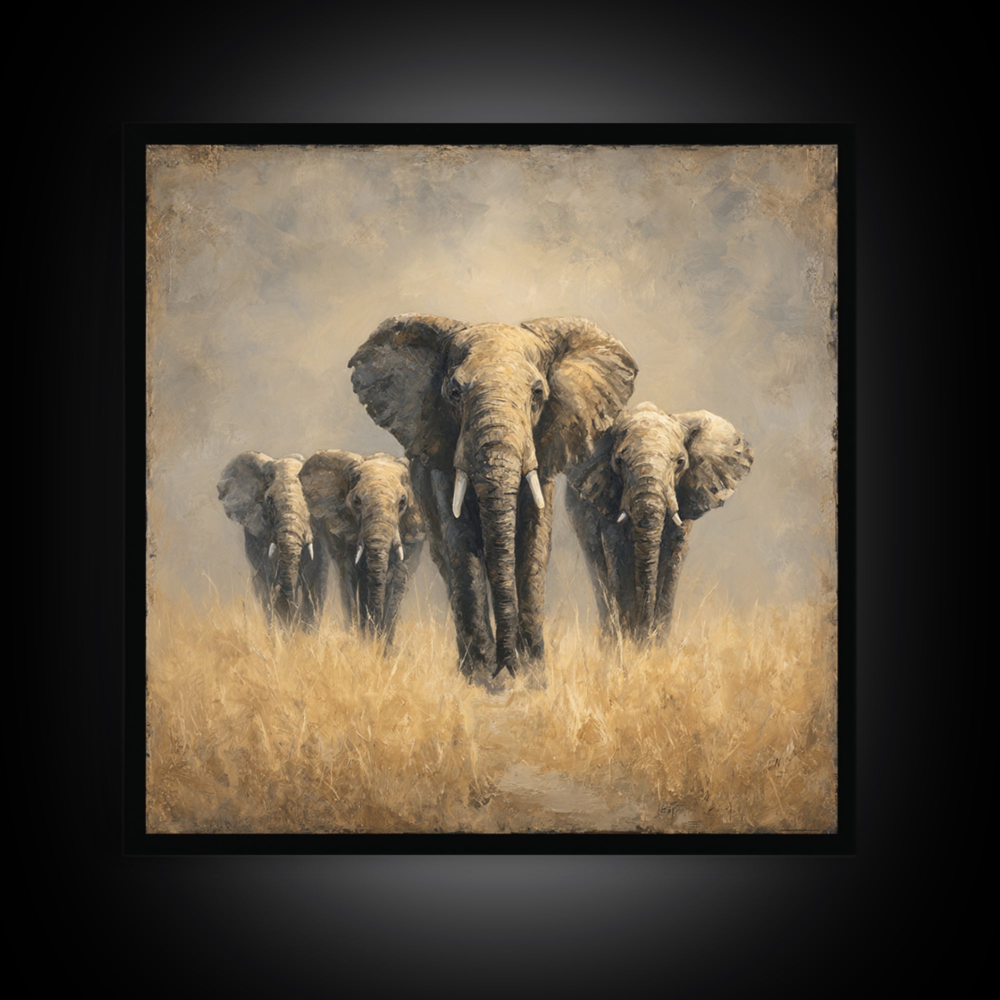 Elephant Herd Walking Through Dusty Sunset Framed Canvas Print, Wildlife Art, Bedroom Wall Art, Living Room Decor, Wild, WIL-1x1-2