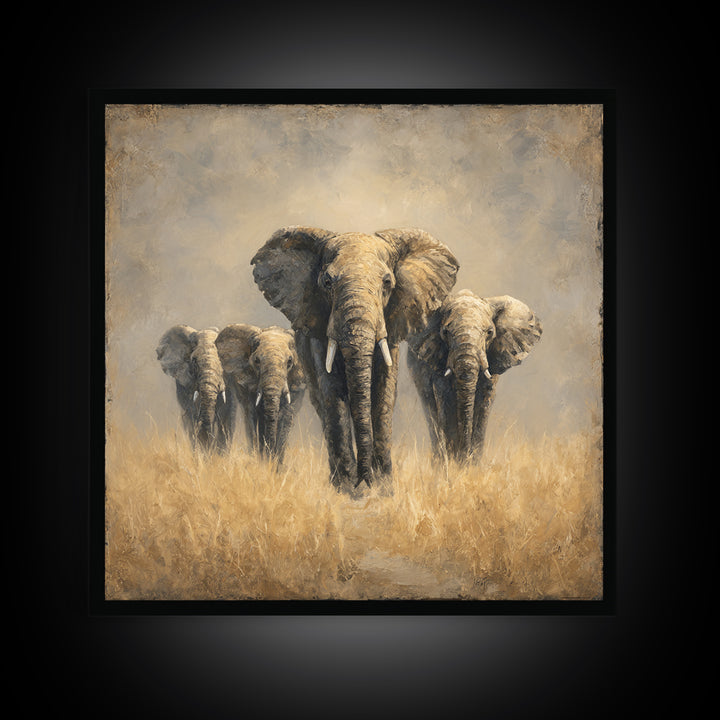 Elephant Herd Walking Through Dusty Sunset Framed Canvas Print, Wildlife Art, Bedroom Wall Art, Living Room Decor, Wild, WIL-1x1-2