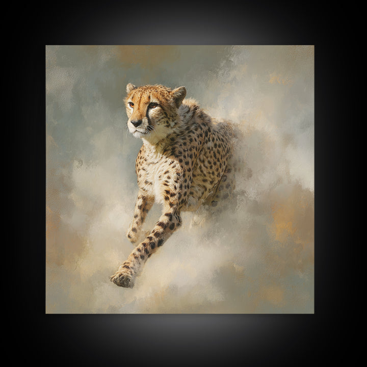 Cheetah Running Through Warm Dust Framed Canvas Print, Wildlife Art, Nature Wall Art, Living Room Decor, Fine Art, Wild, WIL-1x1-21