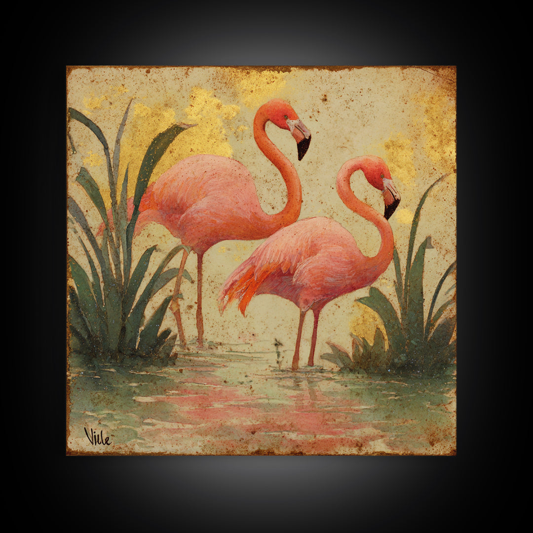 Flamingos in Pink Shallow Water Canvas Print, Wildlife Art, Bird Art, Living Room Decor, Oil Painting, Wild, Original Artwork, WIL-1x1-22