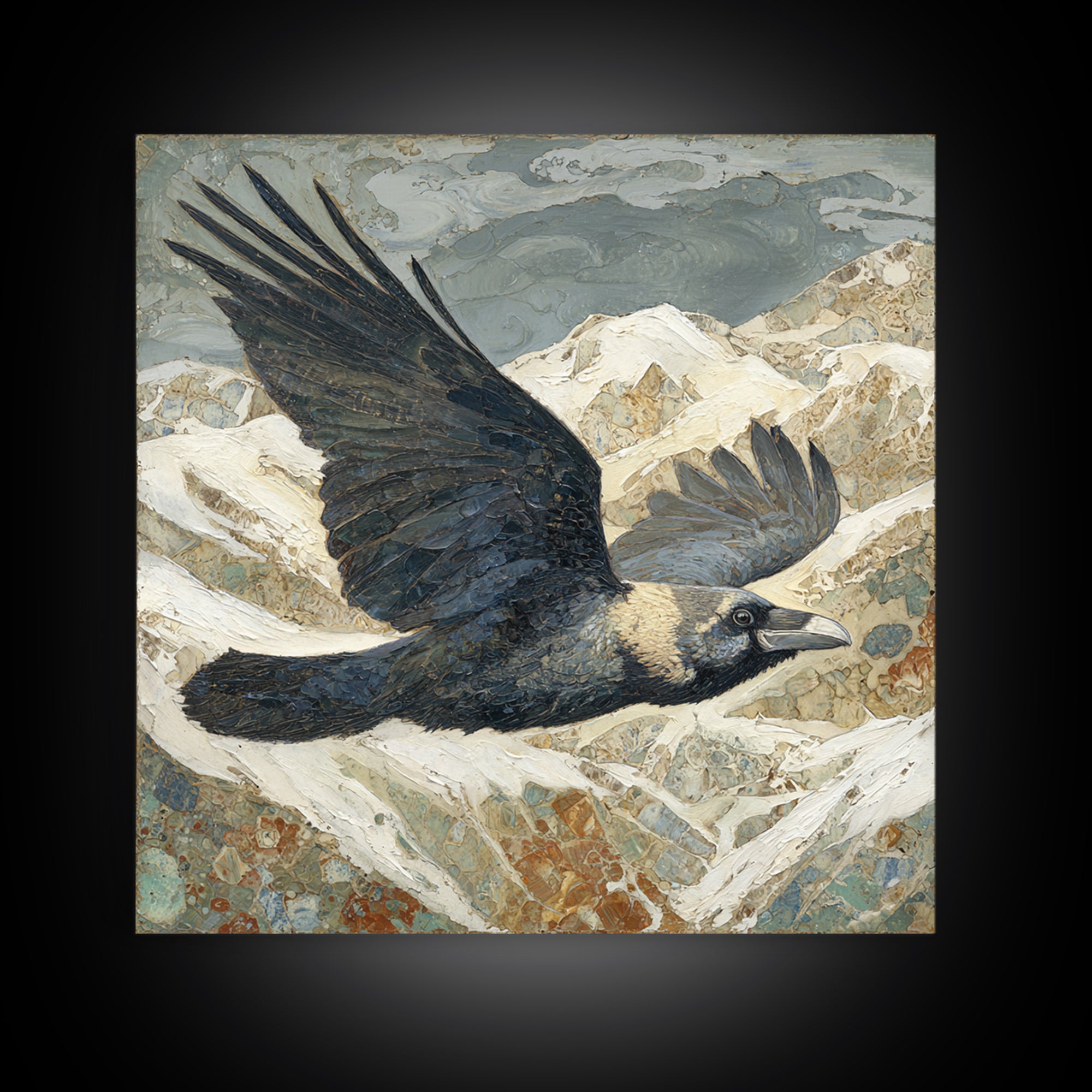 Raven Flying Through Snowy Mountains Framed Canvas Print, Wildlife Art, Living Room Art, Living Room Decor, Fine Art, Wild, WIL-1x1-24
