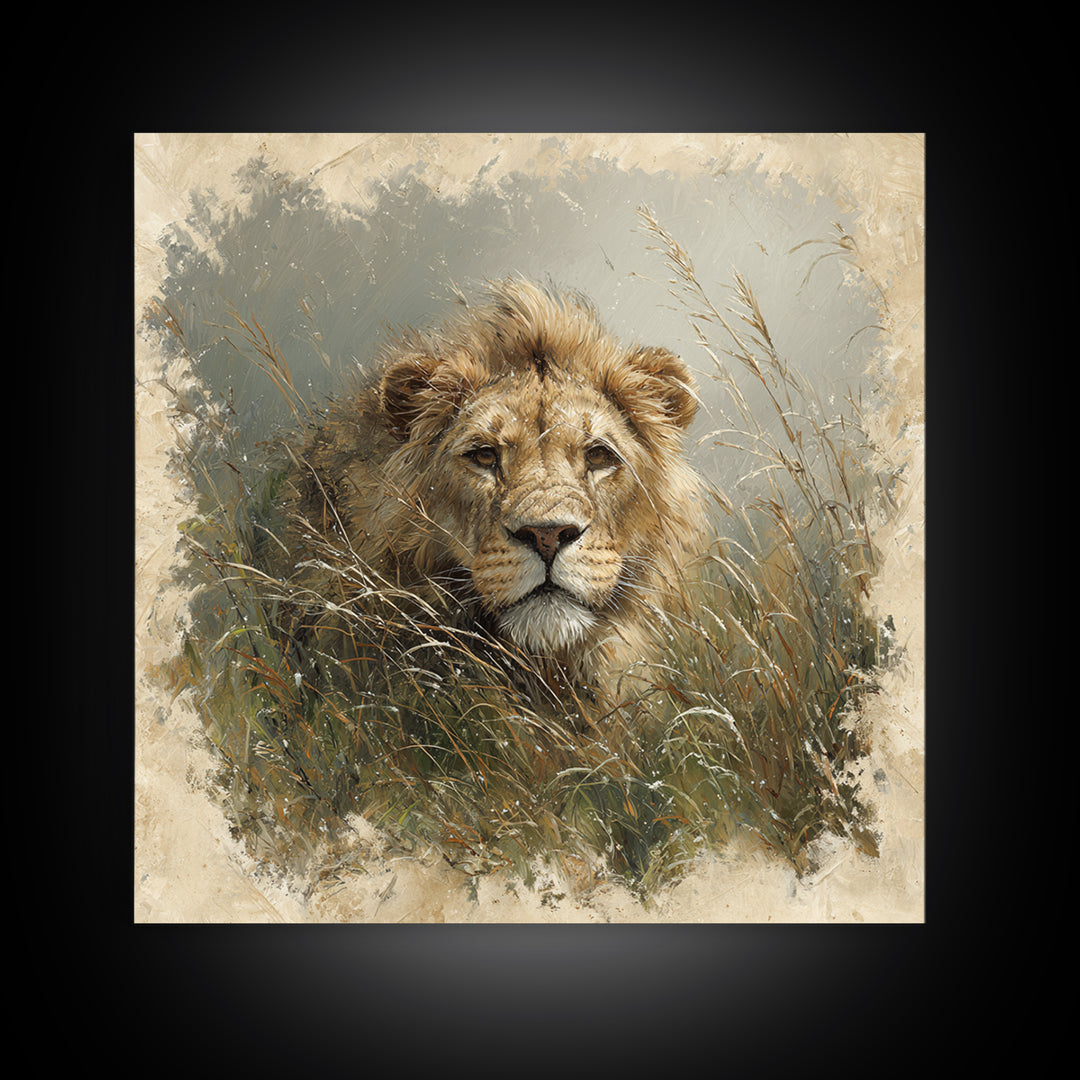 Lion Emerging from Golden Savanna Grass Canvas Print, Wildlife Art, Modern Decor, Living Room Decor, Fine Art, Wild, Home Decor, WIL-1x1-25