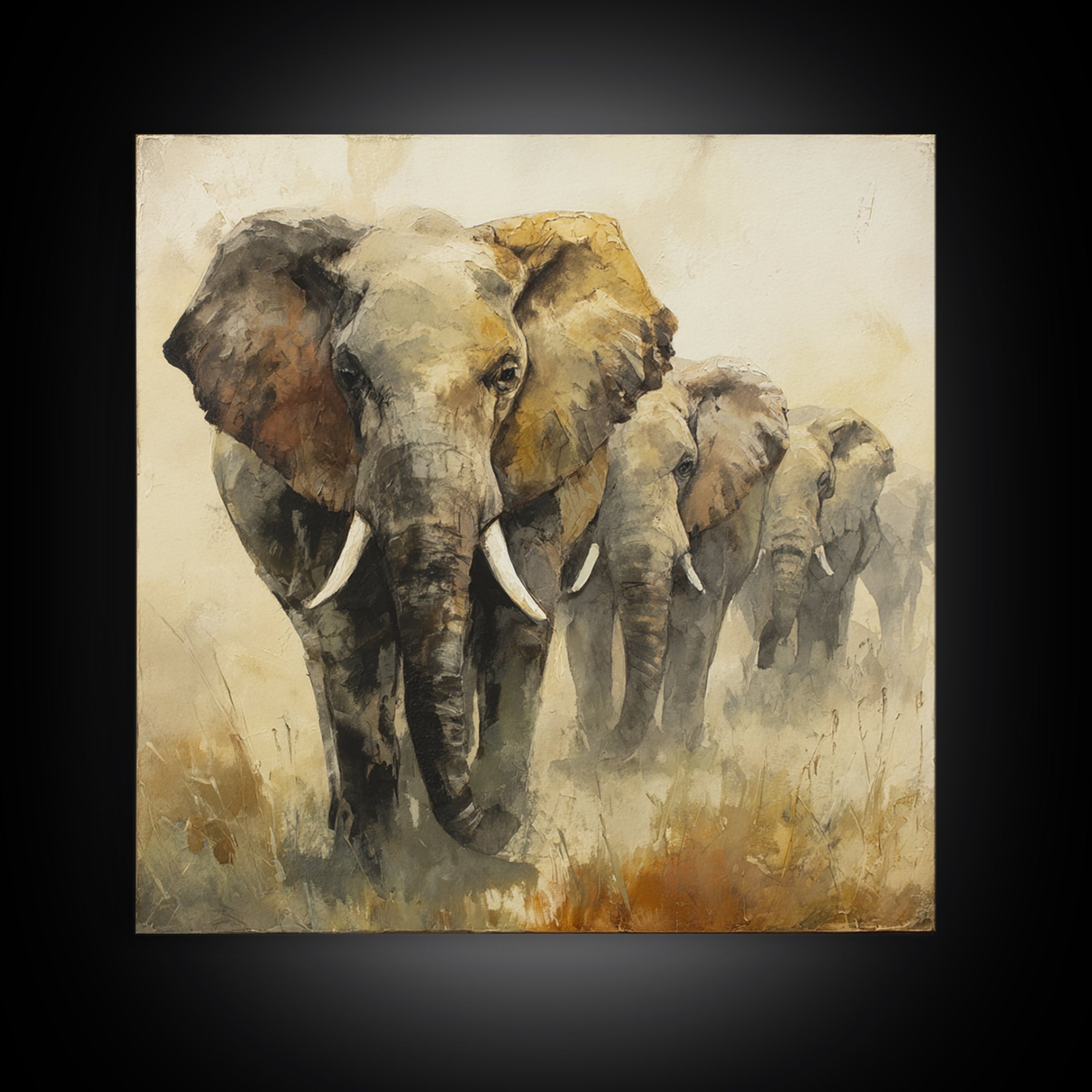 Elephant Herd Walking Through Dusty Sunset Canvas Print, Wildlife Art, Canvas Painting, Living Room Decor, Fine Art, Wild, WIL-1x1-26