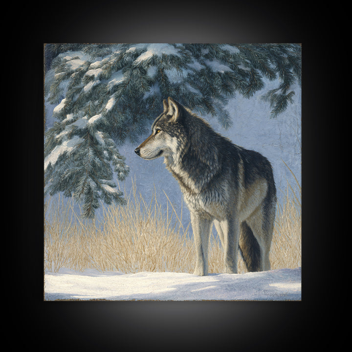 Wolf Standing Beneath Snowy Pine Trees Framed Canvas Print, Wildlife Art, Canvas Print, Living Room Decor, Fine Art, Wild, WIL-1x1-27