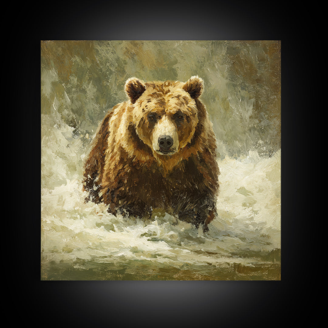 Bear Fishing in Rushing Mountain River Framed Canvas Print, Wildlife Art, Digital Wall Art, Living Room Decor, Fine Art, Wild, WIL-1x1-28
