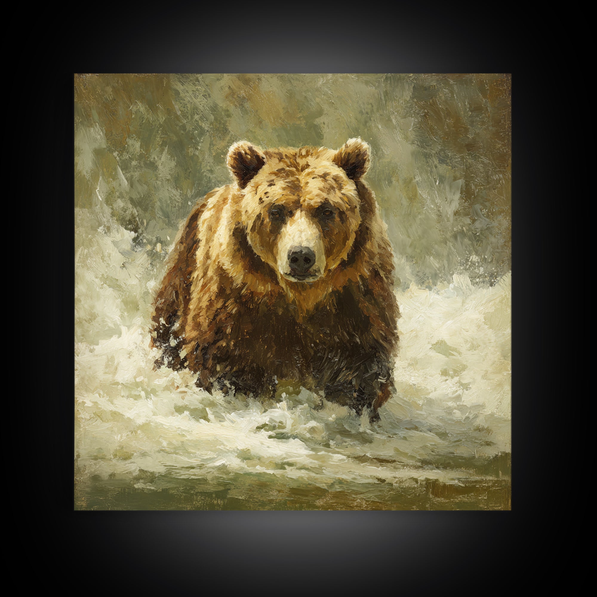 Bear Fishing in Rushing Mountain River Framed Canvas Print, Wildlife Art, Digital Wall Art, Living Room Decor, Fine Art, Wild, WIL-1x1-28