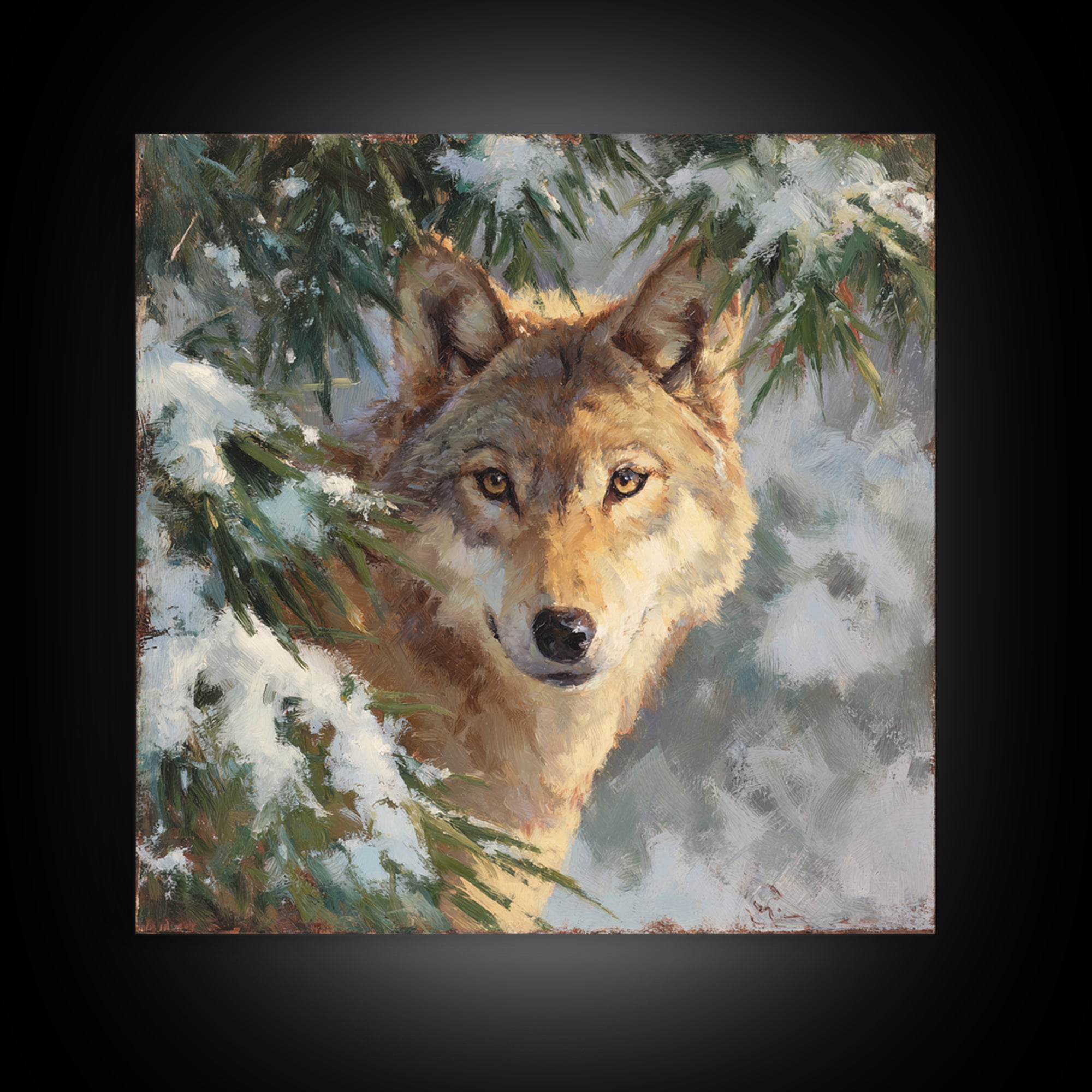 Wolf Standing Beneath Snowy Pine Trees Canvas Print, Wildlife Art, Canvas Wall Art, Living Room Decor, Abstract Art, Wild, WIL-1x1-3