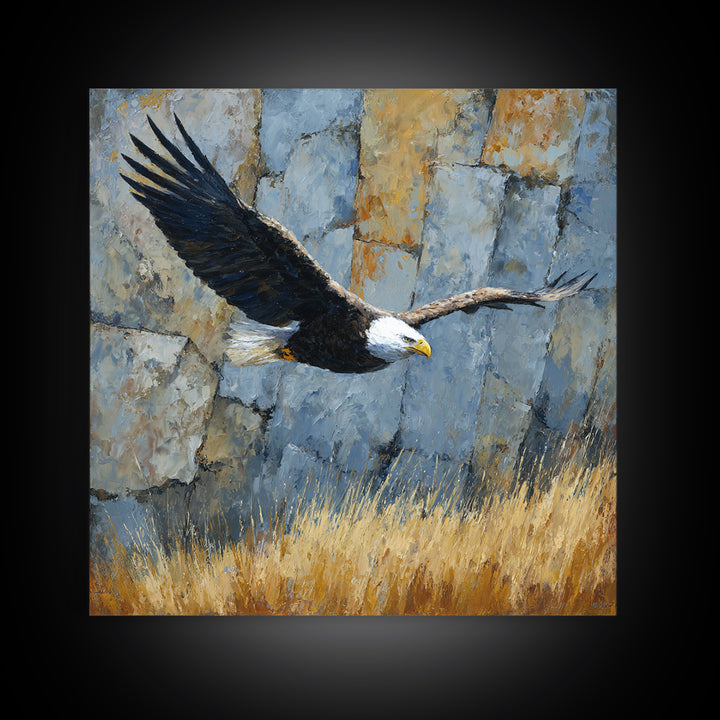 Eagle Soaring Above Rocky Cliffs Canvas Print, Wildlife Art, Bird Wall Art, Living Room Decor, Oil Painting, Wild, Luxury Decor, WIL-1x1-30
