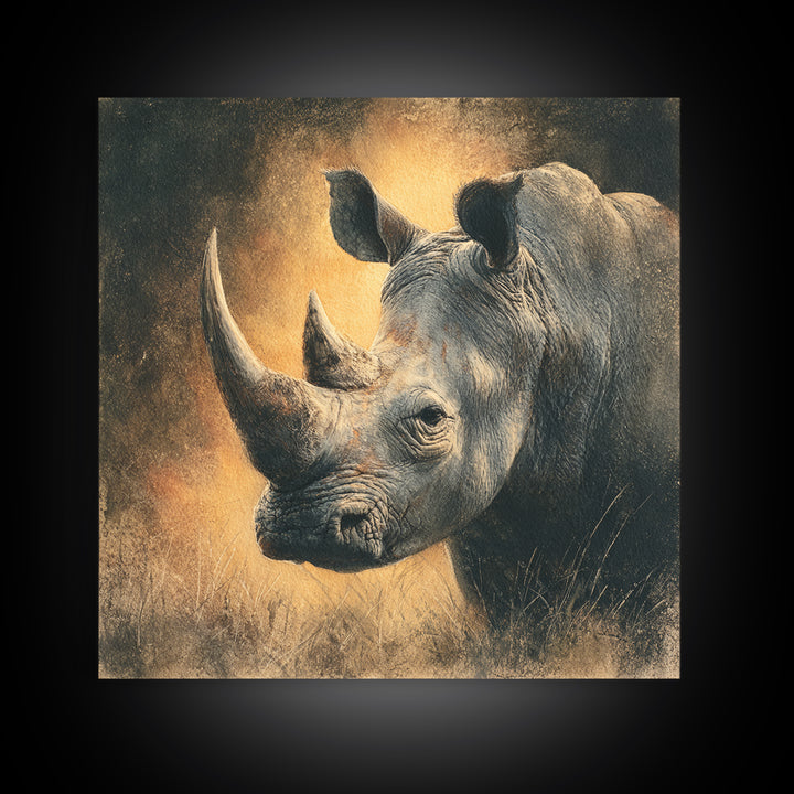 Rhino in Dramatic Stormy Light Framed Canvas Print, Wildlife Art, Gallery Decor, Living Room Decor, Fine Art, Wild, WIL-1x1-32