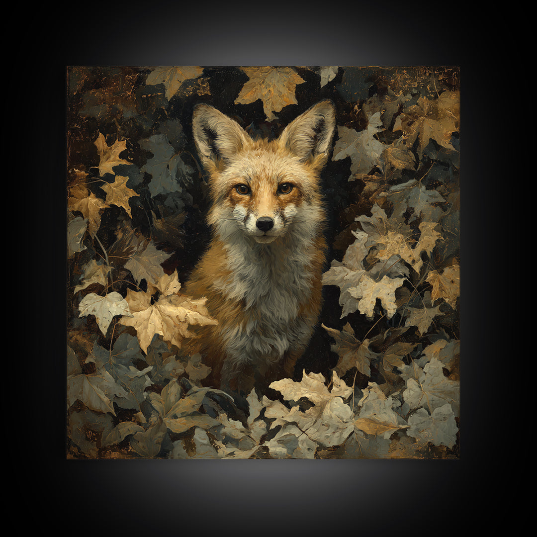 Fox in Autumn Forest Leaves Framed Canvas Print, Wildlife Art, Statement Artwork, Living Room Decor, Fine Art, Wild, Wall Decor, WIL-1x1-33
