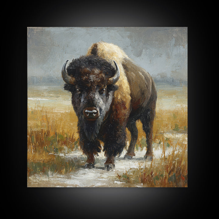 Bison on Wide Western Prairie Framed Canvas Print, Wildlife Art, Original Artwork, Living Room Decor, Oil Painting, Wild, WIL-1x1-37