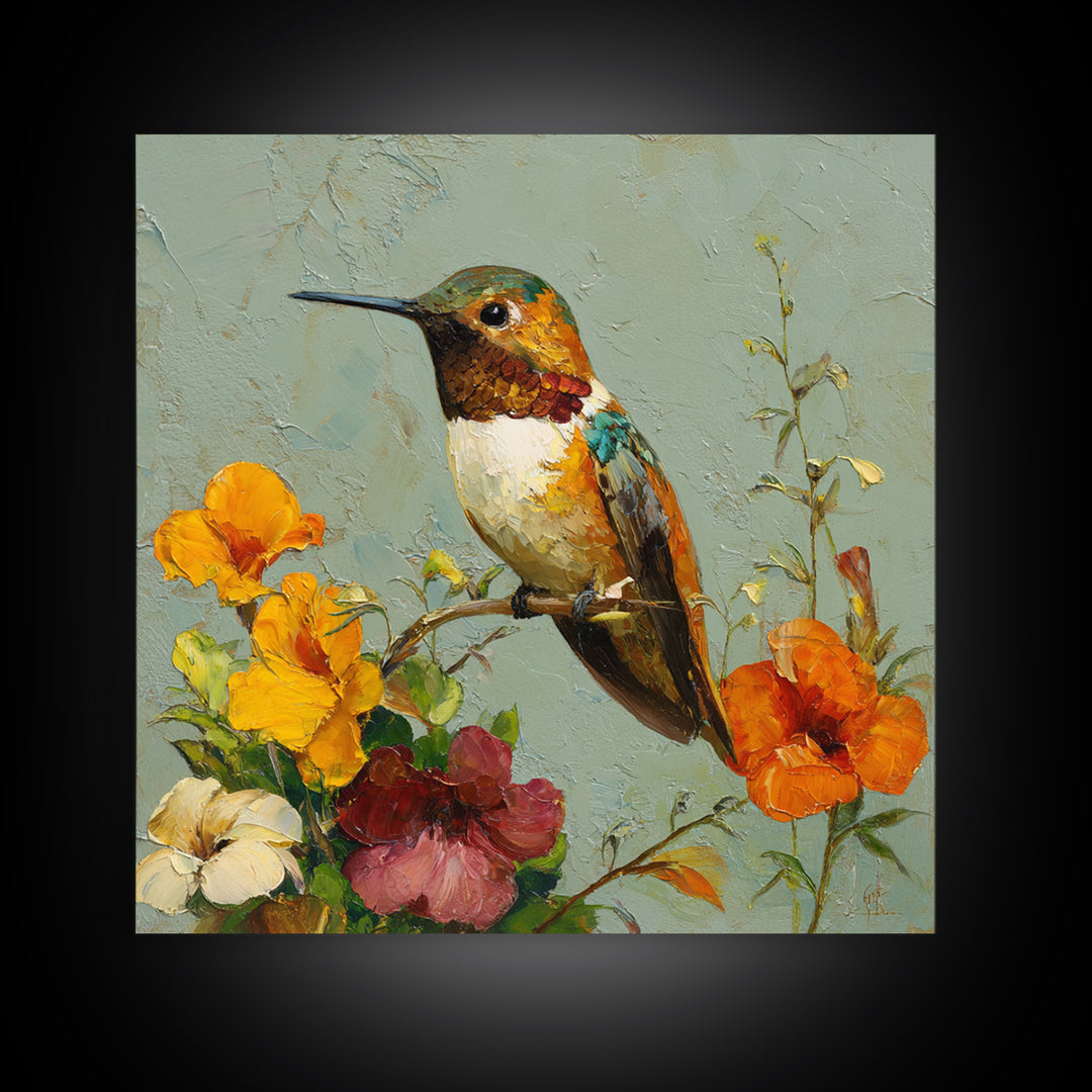 Hummingbird Beside Bright Flowers Framed Canvas Print, Wildlife Art, Art Print, Living Room Decor, Watercolor Art, Wild, WIL-1x1-40