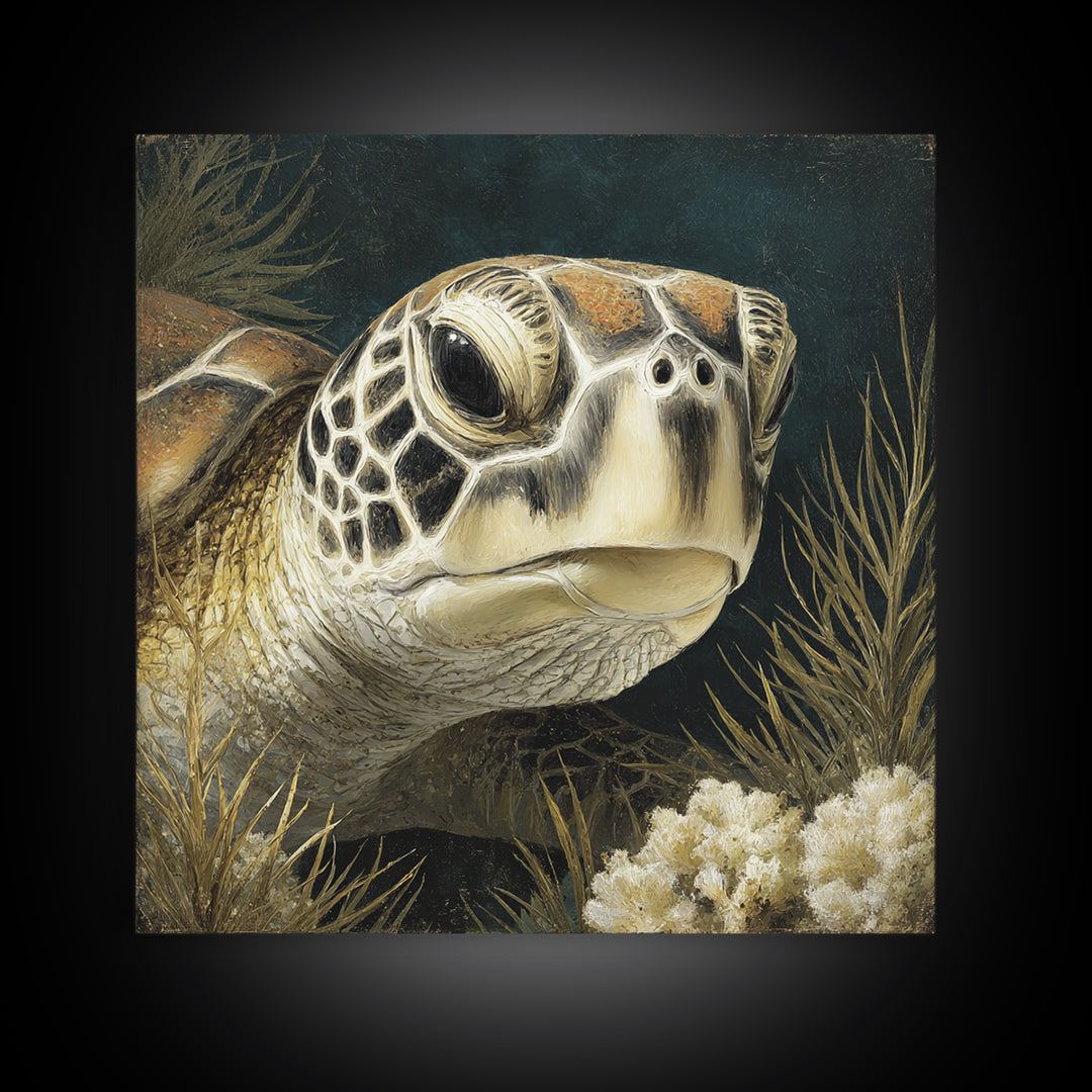 Sea Turtle over Coral Reef Framed Canvas Print, Wildlife Art, Digital Download Art, Living Room Decor, Abstract Art, Wild, WIL-1x1-42