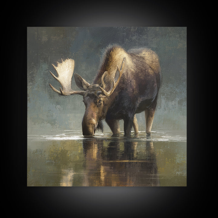 Moose Standing in Reflective Lake Framed Canvas Print, Wildlife Art, Modern Art, Living Room Decor, Wild, Neutral Decor, WIL-1x1-43