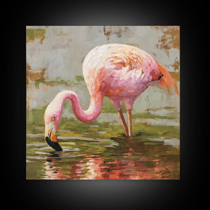 Flamingos in Pink Shallow Water Framed Canvas Print, Wildlife Art, Living Room Art, Living Room Decor, Fine Art, Wild, WIL-1x1-46