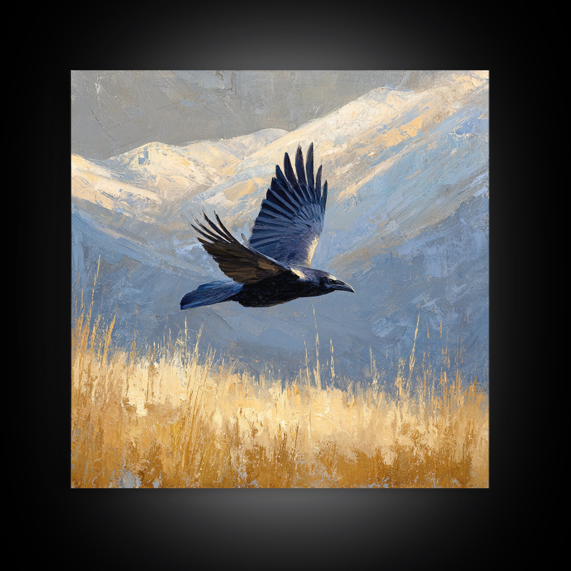 Raven Flying Through Snowy Mountains Framed Canvas Print, Wildlife Art, Art, Living Room Decor, Oil Painting, Wild, WIL-1x1-48