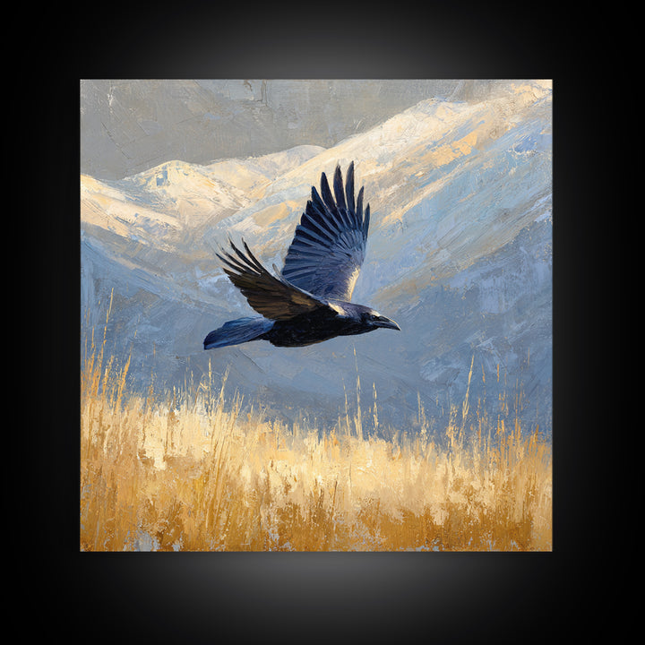 Raven Flying Through Snowy Mountains Framed Canvas Print, Wildlife Art, Art, Living Room Decor, Oil Painting, Wild, WIL-1x1-48