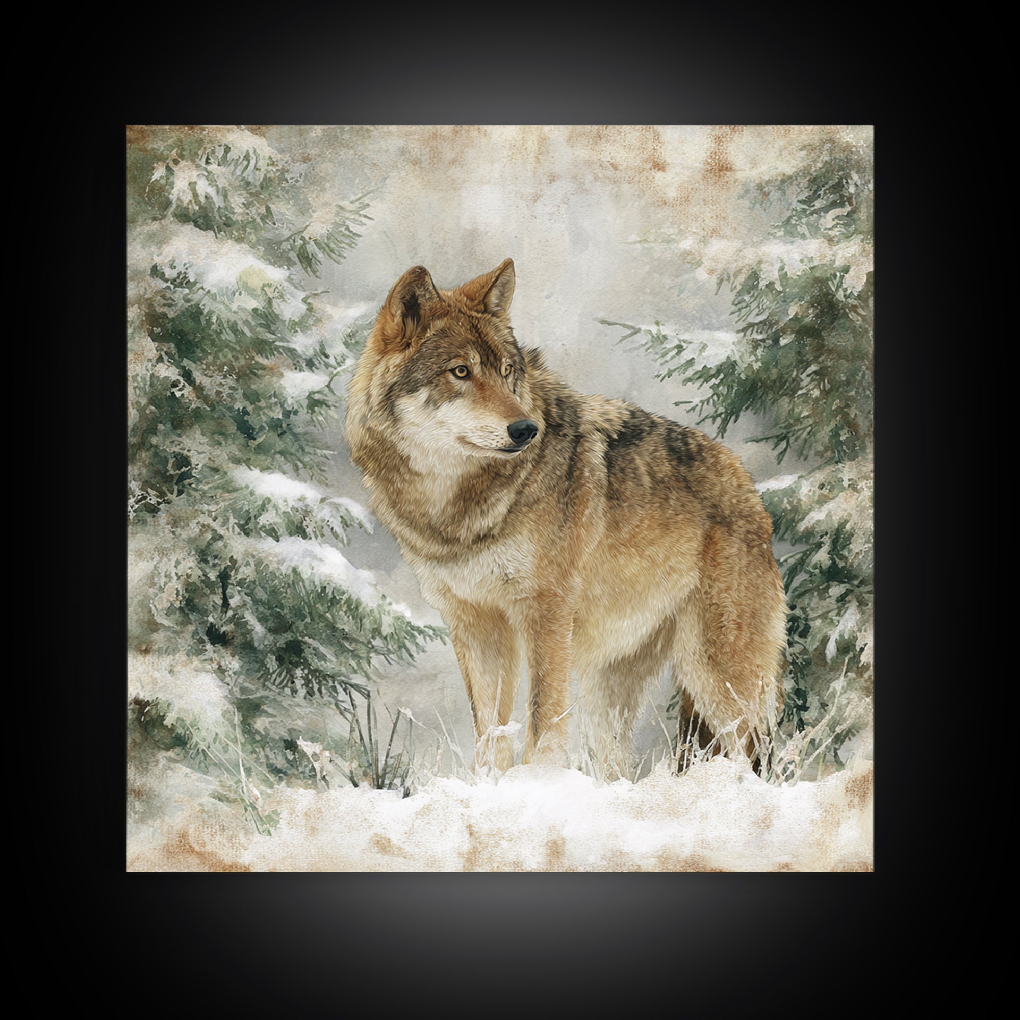 Wolf Standing Beneath Snowy Pine Trees Framed Canvas Print, Wildlife Art, Rustic Home Decor, Living Room Decor, Oil Painting, WIL-1x1-51