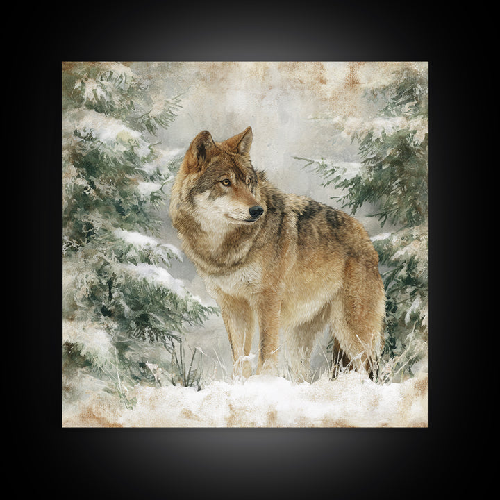 Wolf Standing Beneath Snowy Pine Trees Framed Canvas Print, Wildlife Art, Rustic Home Decor, Living Room Decor, Oil Painting, WIL-1x1-51