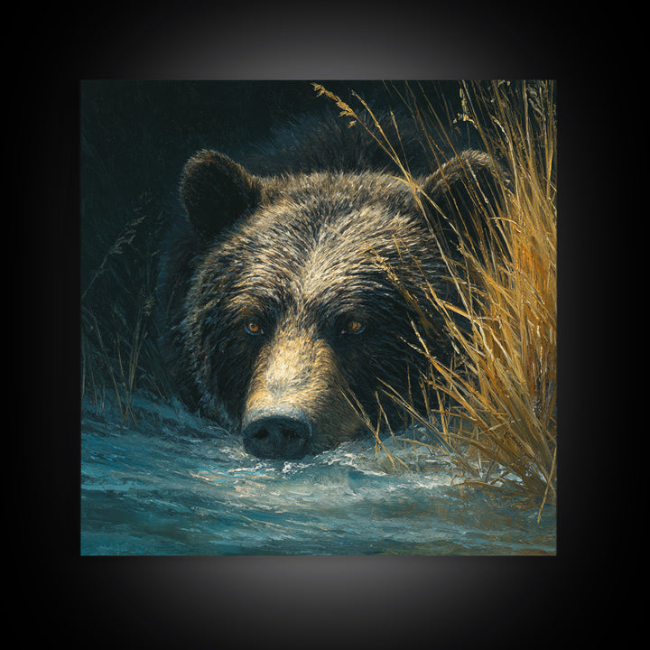 Bear Fishing in Rushing Mountain River Framed Canvas Print, Wildlife Art, Bedroom Wall Art, Living Room Decor, Fine Art, Wild, WIL-1x1-52