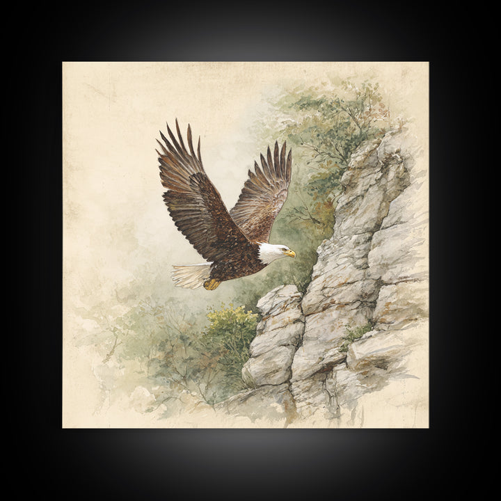 Eagle Soaring Above Rocky Cliffs Canvas Print, Wildlife Art, Bird Wall Art, Living Room Decor, Oil Painting, Wild, Luxury Decor, WIL-1x1-54