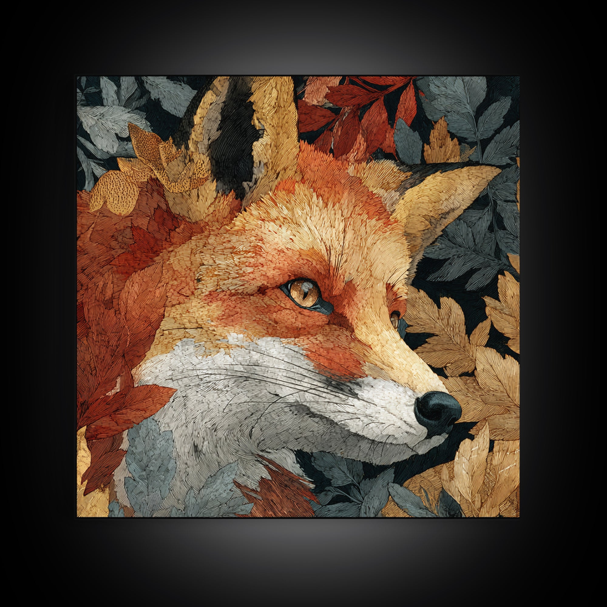 Fox in Autumn Forest Leaves Framed Canvas Print, Wildlife Art, Statement Artwork, Living Room Decor, Fine Art, Wild, Wall Decor, WIL-1x1-57