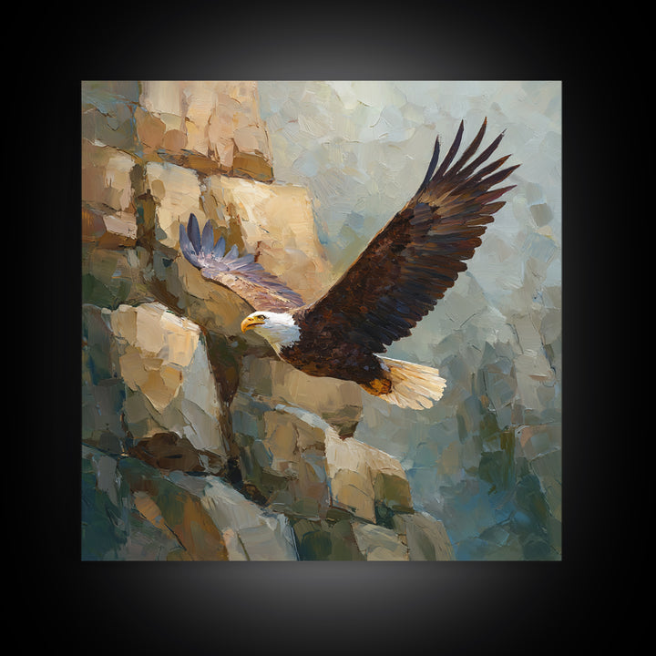 Eagle Soaring Above Rocky Cliffs Framed Canvas Print, Wildlife Art, Modern Art, Living Room Decor, Watercolor Art, Wild, WIL-1x1-6