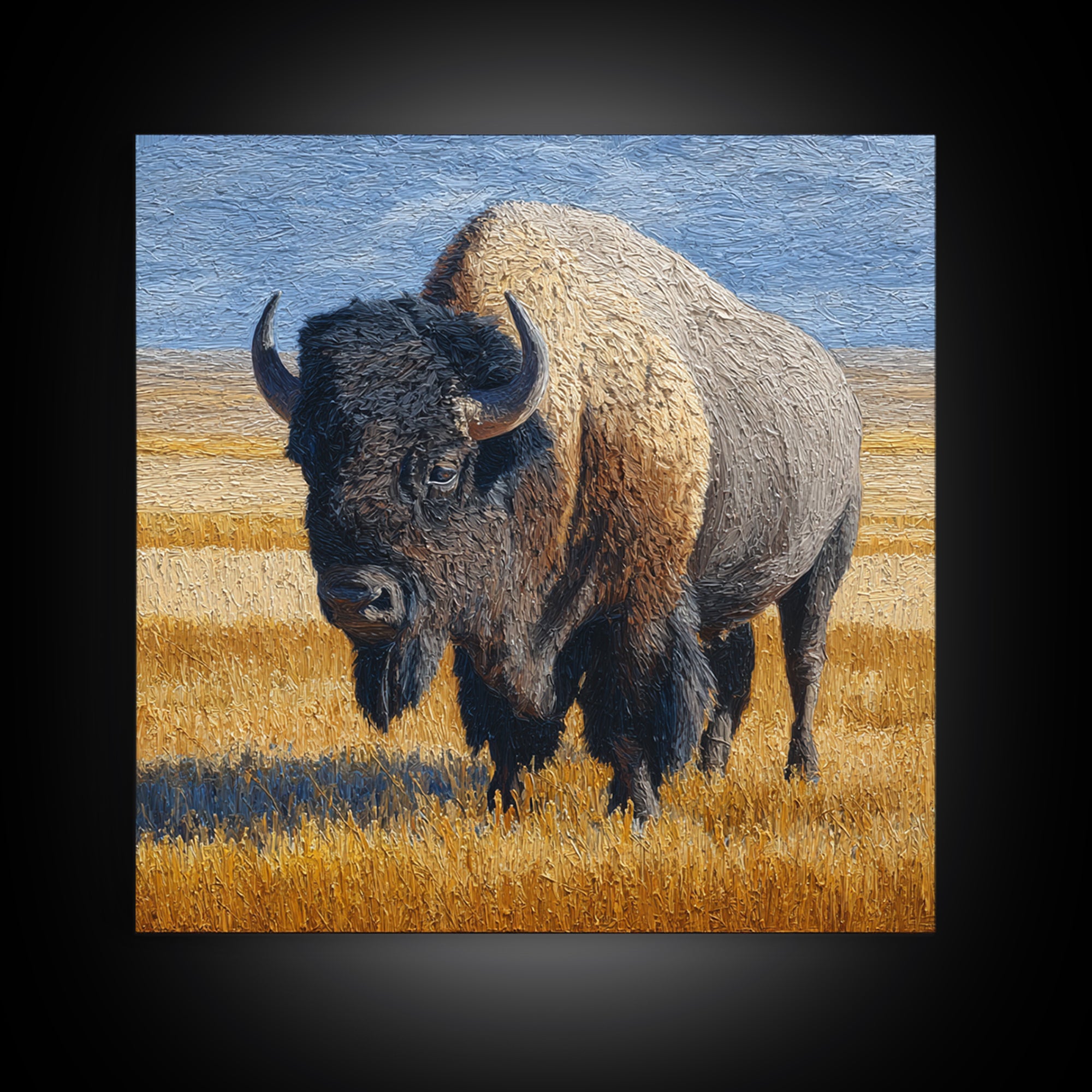 Bison on Wide Western Prairie Framed Canvas Print, Wildlife Art, Original Artwork, Living Room Decor, Oil Painting, Wild, WIL-1x1-61
