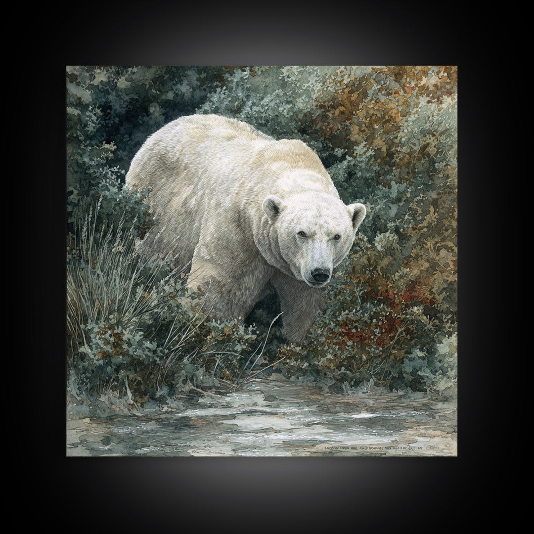 Polar Bear Crossing Blue Ice Framed Canvas Print, Wildlife Art, Original Artwork, Living Room Decor, Wild, Minimalist Decor, WIL-1x1-63