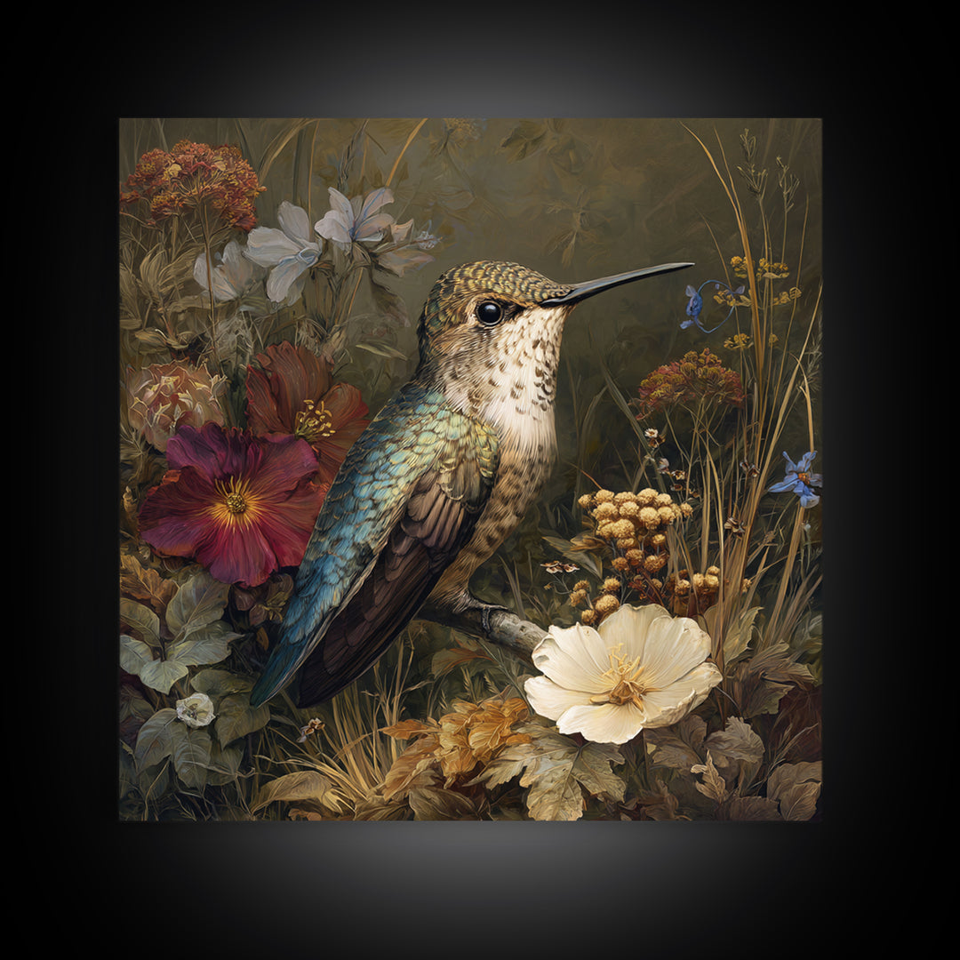 Hummingbird Beside Bright Flowers Framed Canvas Print, Wildlife Art, Bird Art, Living Room Decor, Watercolor Art, Wild, WIL-1x1-64