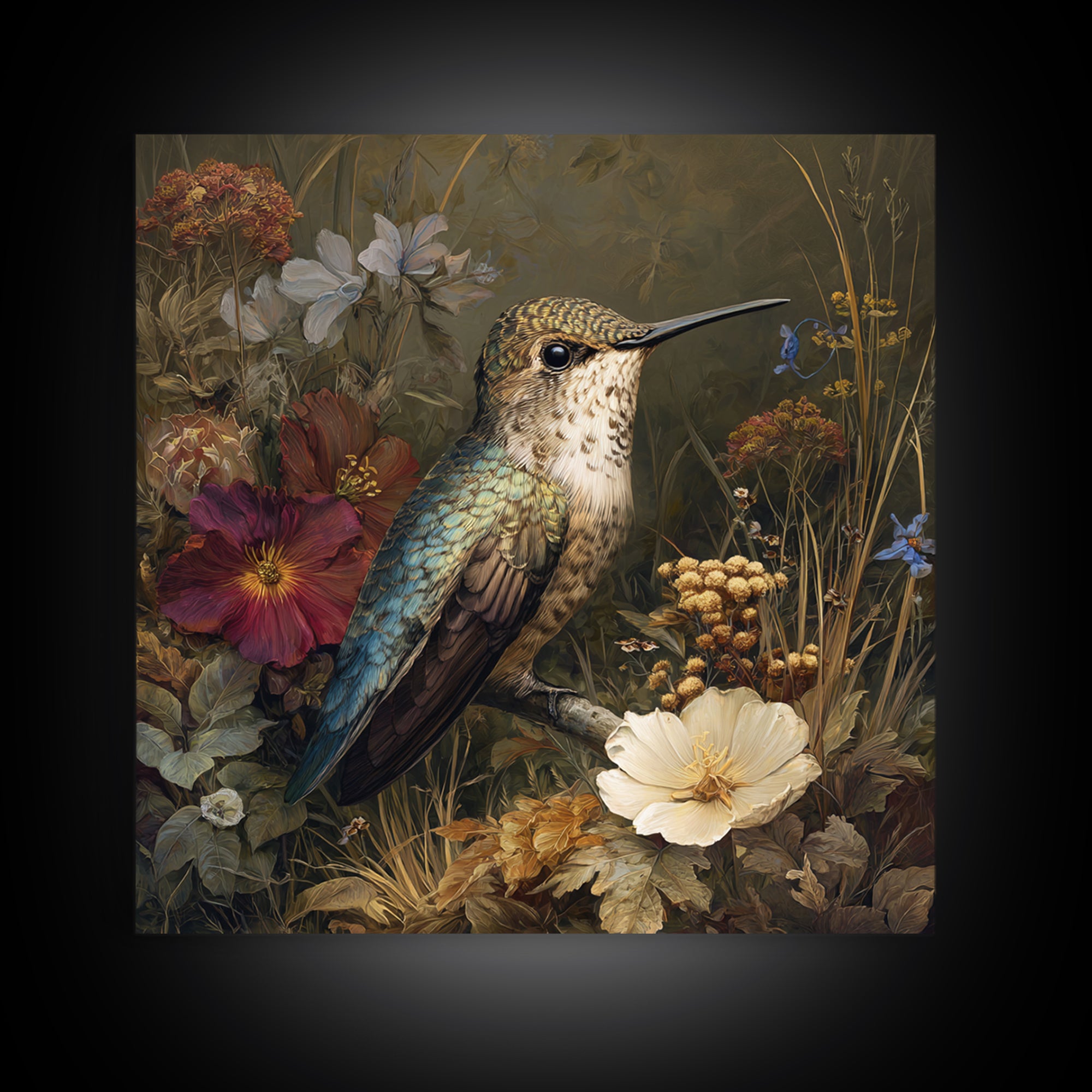 Hummingbird Beside Bright Flowers Framed Canvas Print, Wildlife Art, Bird Art, Living Room Decor, Watercolor Art, Wild, WIL-1x1-64