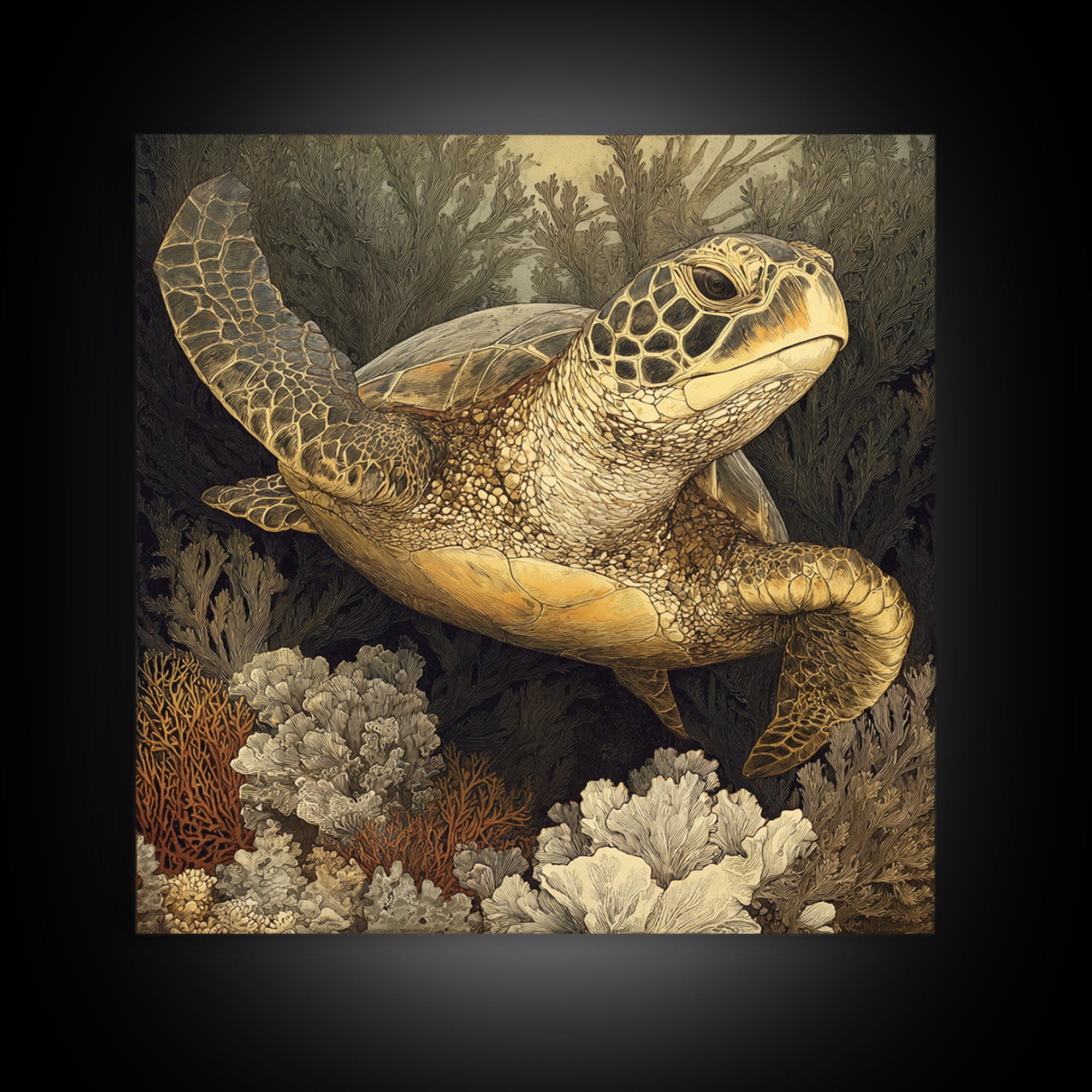 Sea Turtle over Coral Reef Framed Canvas Print, Wildlife Art, Digital Download Art, Living Room Decor, Abstract Art, Wild, WIL-1x1-66