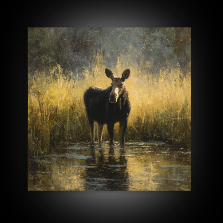Moose Standing in Reflective Lake Framed Canvas Print, Wildlife Art, Gallery Decor, Living Room Decor, Fine Art, Wild, WIL-1x1-67
