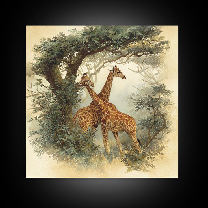 Giraffe Pair under Acacia Tree Framed Canvas Print, Wildlife Art, Living Room Decor, Fine Art, Wild, Living Room Art, WIL-1x1-7