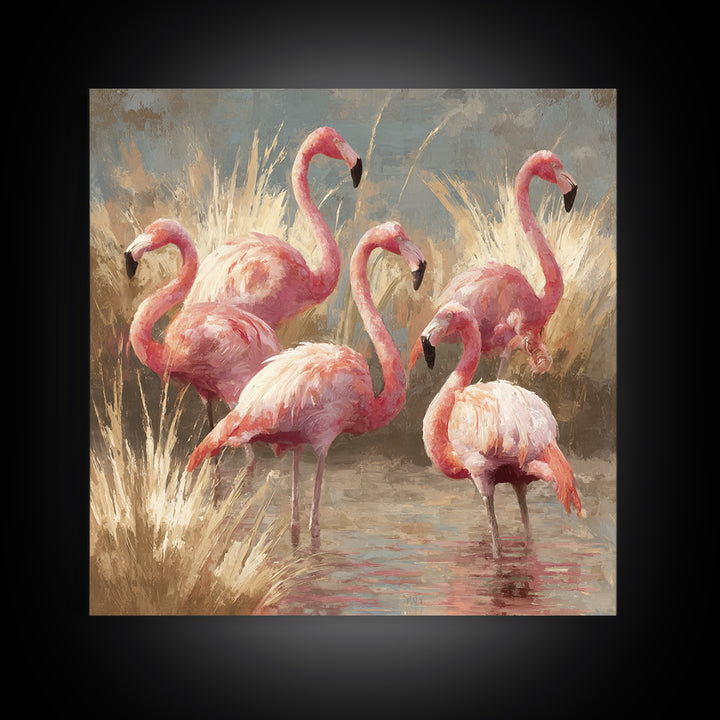 Flamingos in Pink Shallow Water Framed Canvas Print, Wildlife Art, Living Room Art, Living Room Decor, Fine Art, Wild, WIL-1x1-70
