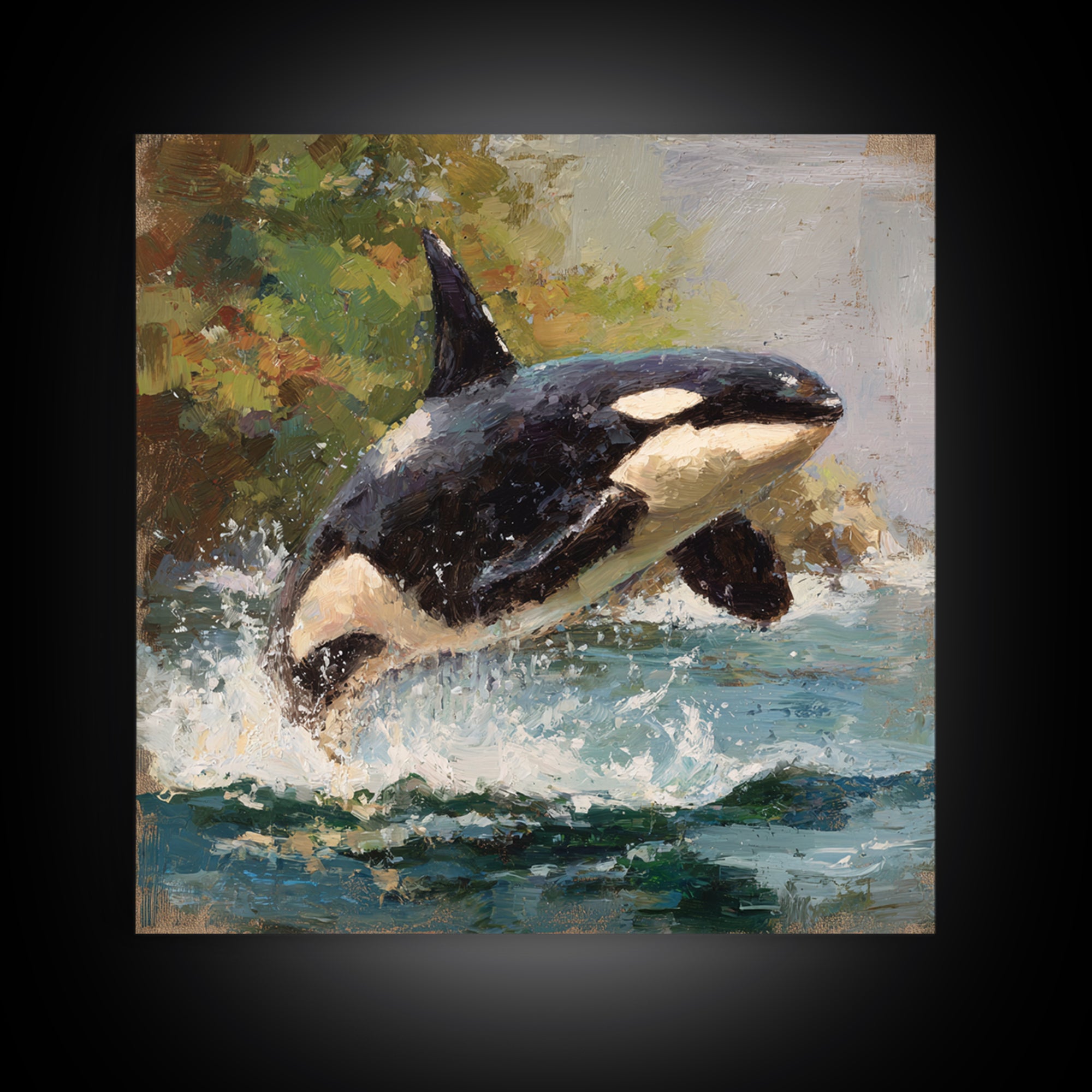 Orca Breaching in Cold Ocean Framed Canvas Print, Wildlife Art, Nature Wall Art, Living Room Decor, Fine Art, Wild, Art Print, WIL-1x1-71