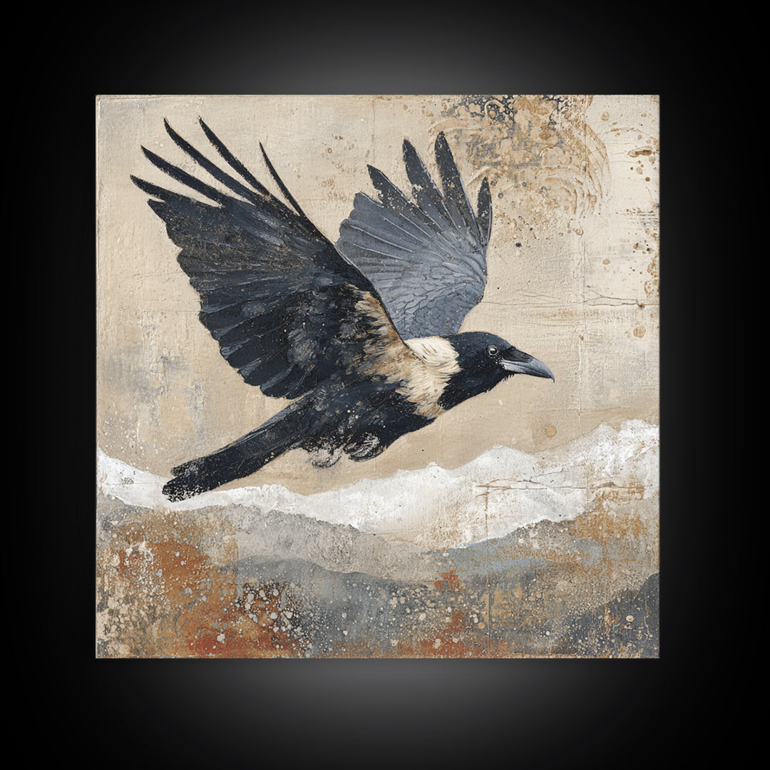 Raven Flying Through Snowy Mountains Framed Canvas Print, Wildlife Art, Bird Wall Art, Living Room Decor, Fine Art, Wild, WIL-1x1-72