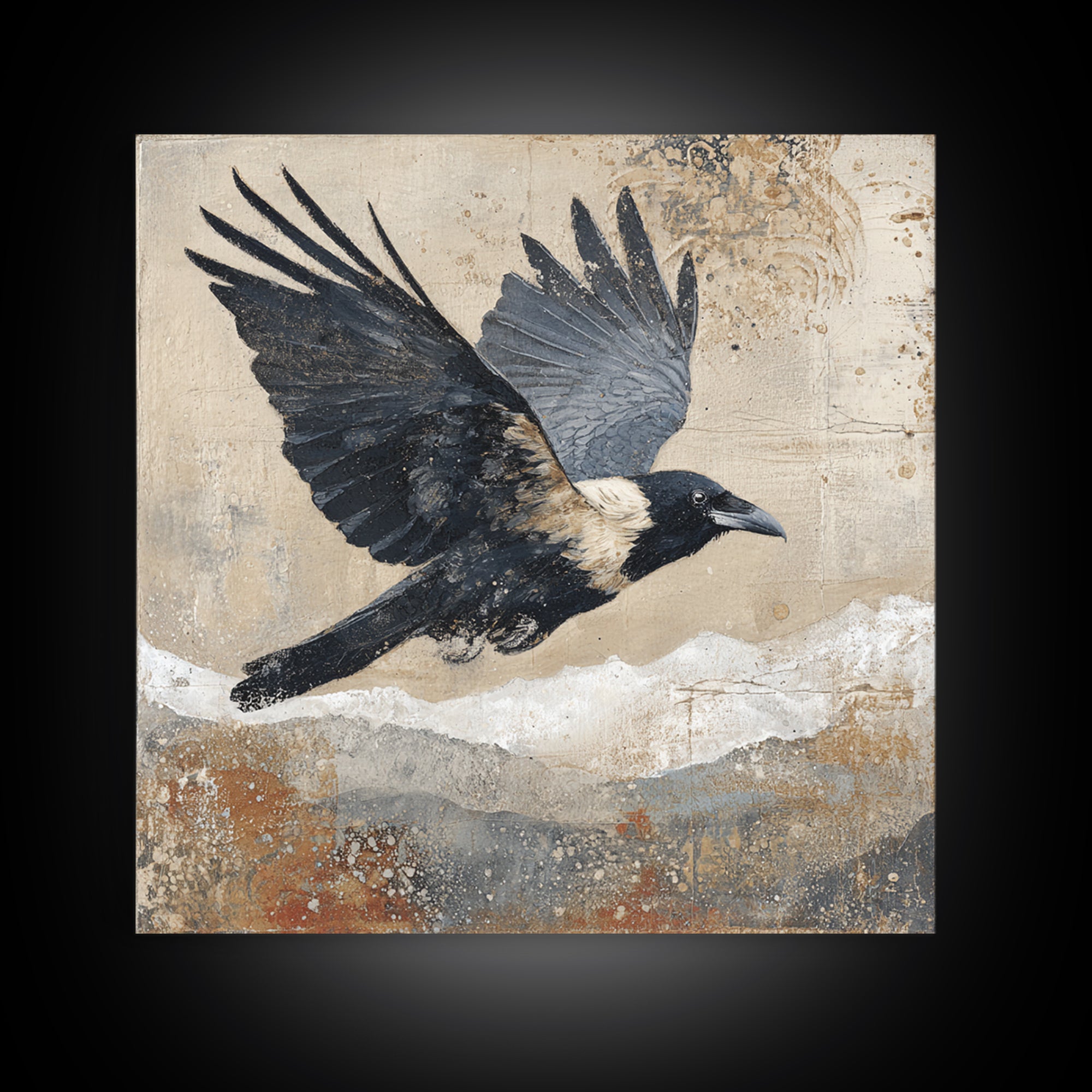Raven Flying Through Snowy Mountains Framed Canvas Print, Wildlife Art, Bird Wall Art, Living Room Decor, Fine Art, Wild, WIL-1x1-72