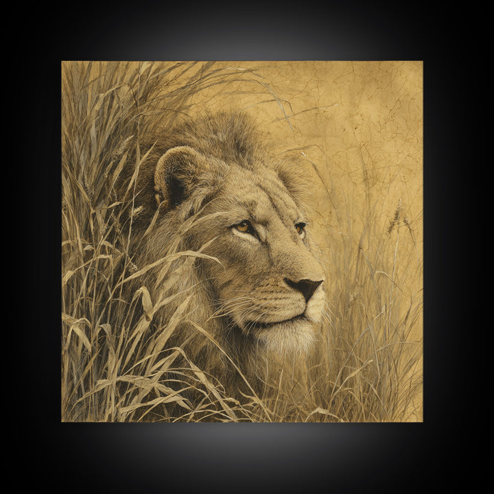 Lion Emerging from Golden Savanna Grass Framed Canvas Print, Wildlife Art, Art Print, Living Room Decor, Watercolor Art, Wild, WIL-1x1-73