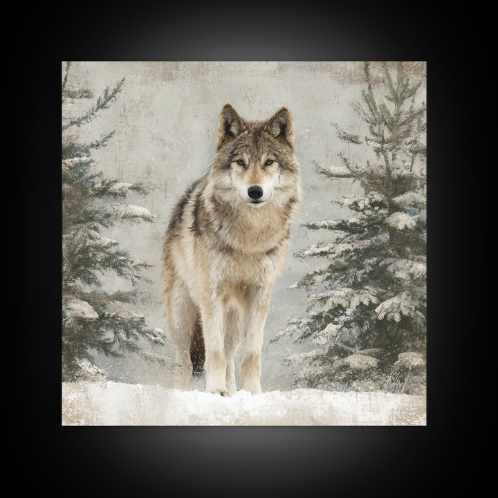 Wolf Standing Beneath Snowy Pine Trees Canvas Print, Wildlife Art, Modern Decor, Living Room Decor, Fine Art, Wild, Home Decor, WIL-1x1-75