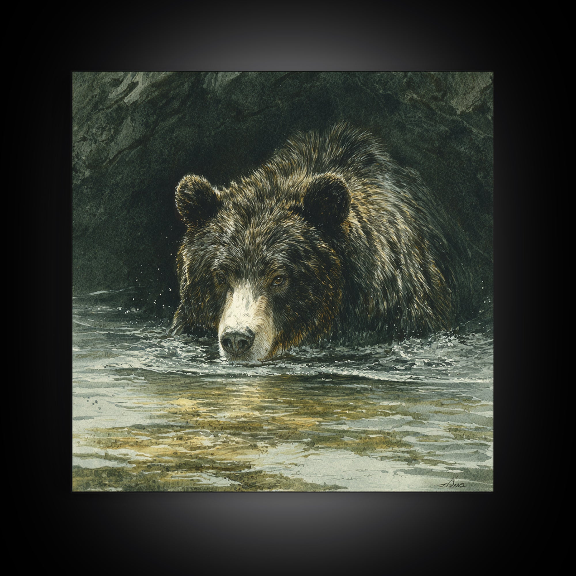 Bear Fishing in Rushing Mountain River Canvas Print, Wildlife Art, Canvas Painting, Living Room Decor, Fine Art, Wild, WIL-1x1-76