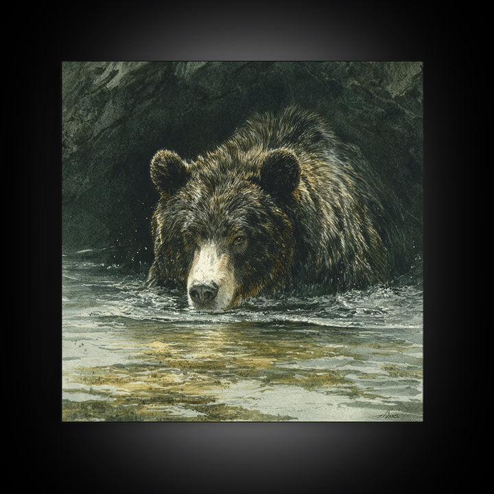Bear Fishing in Rushing Mountain River Canvas Print, Wildlife Art, Canvas Painting, Living Room Decor, Fine Art, Wild, WIL-1x1-76