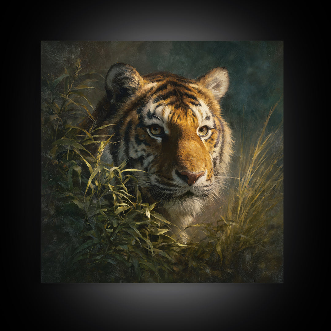 Tiger Portrait with Jungle Shadows Canvas Print, Wildlife Art, Room Decor, Living Room Decor, Fine Art, Wild, Large Wall Art, WIL-1x1-77