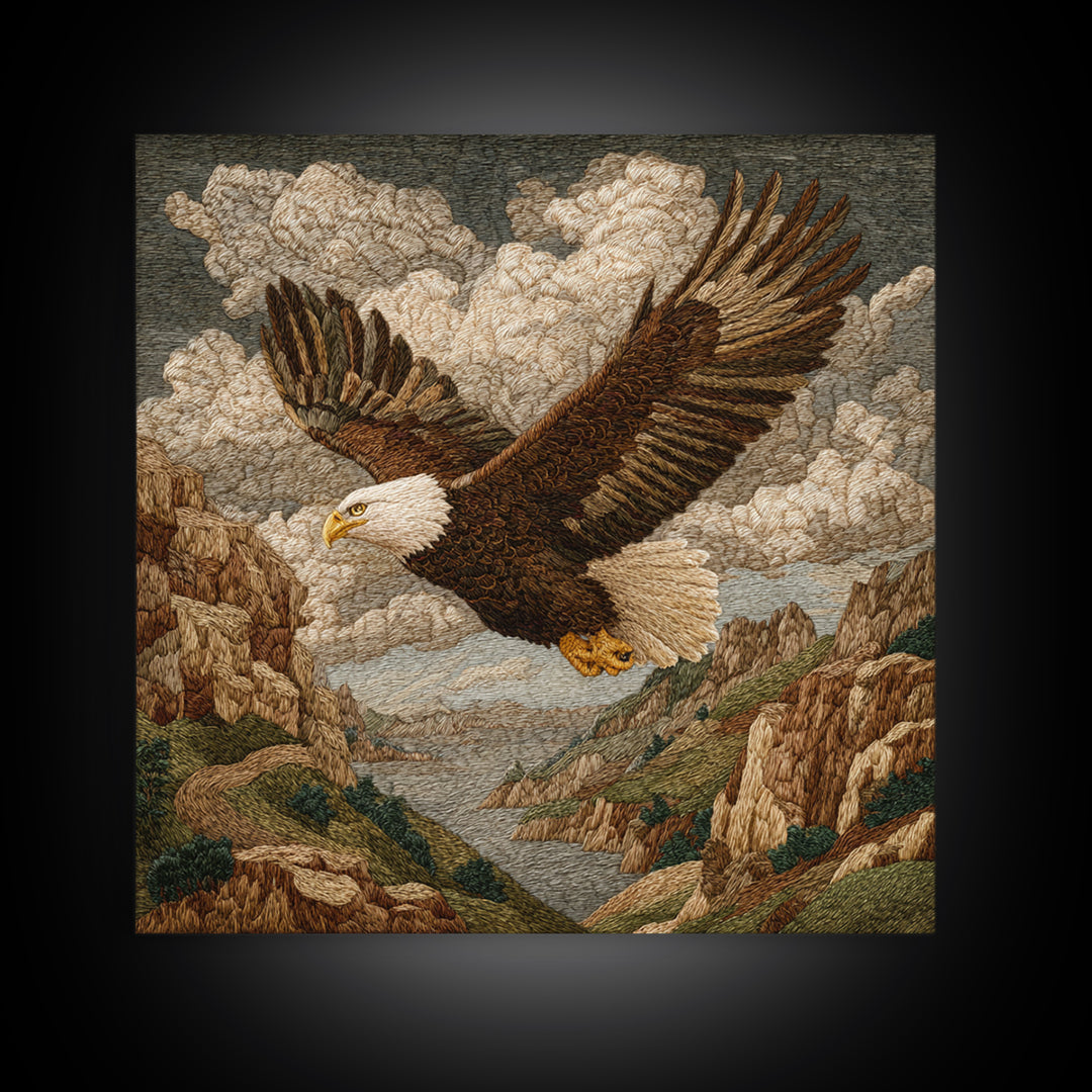 Eagle Soaring Above Rocky Cliffs Framed Canvas Print, Wildlife Art, Gallery Decor, Living Room Decor, Fine Art, Wild, WIL-1x1-78