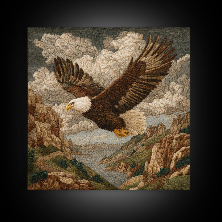 Eagle Soaring Above Rocky Cliffs Framed Canvas Print, Wildlife Art, Gallery Decor, Living Room Decor, Fine Art, Wild, WIL-1x1-78