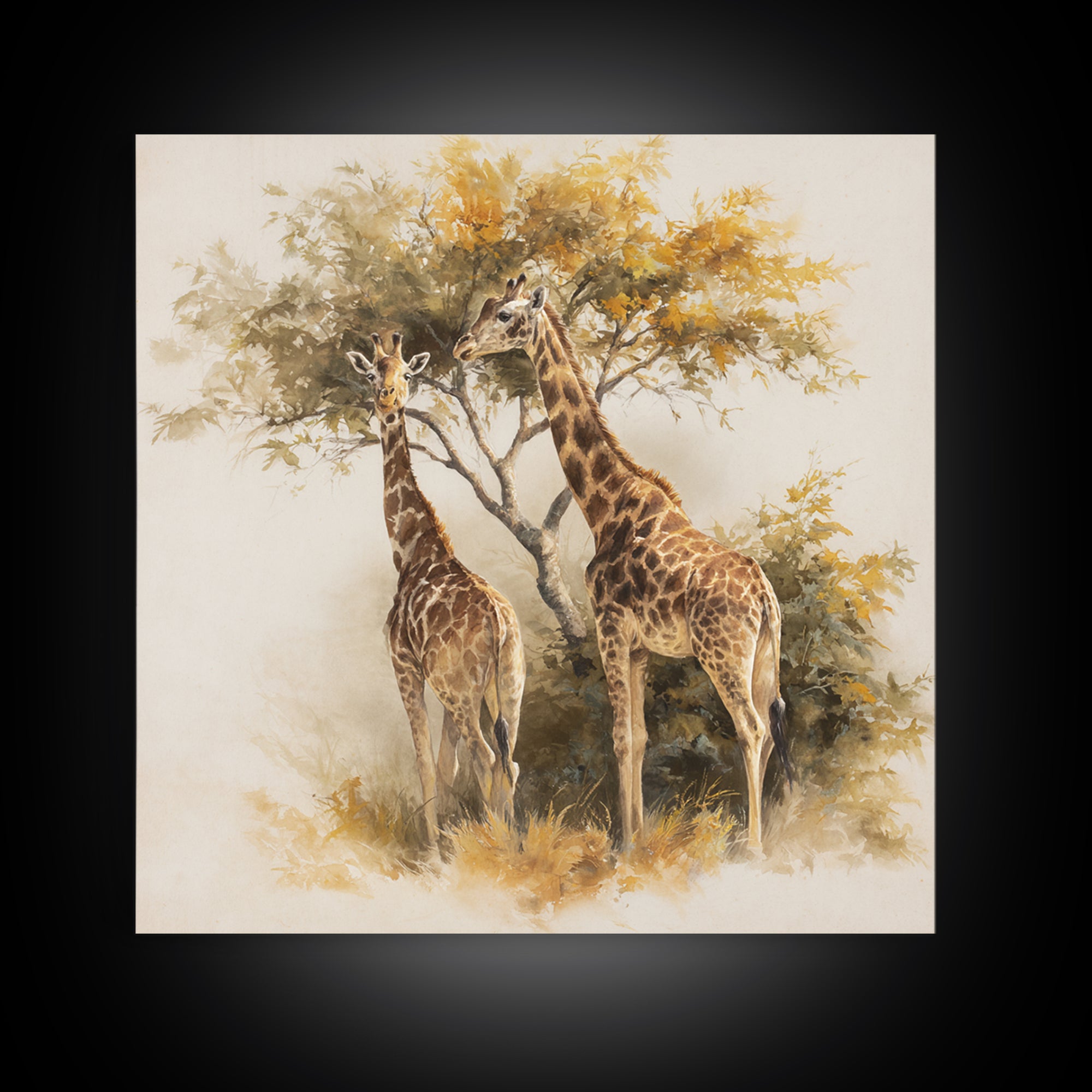Giraffe Pair under Acacia Tree Framed Canvas Print, Wildlife Art, Fine Art Print, Living Room Decor, Oil Painting, Wild, WIL-1x1-79